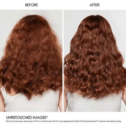 Image 1, BEFORE AFTER UNRETOUCHED IMAGES* Results achieved by cleansing with N°4, conditioning with N°5, and applying OLAPLEX No6 Bond Smoother to damp hair before styling. Image 2, 72-HR FRIZZ CONTROL SMOOTHS ANY STYLE SOFTENS AND HYDRATES HUMIDITY-RESISTANT FORMULA MENTED TECHNOLOGY. OLAPLEX.COM OLAPLEX No6 BOND SMOOTHER LEAVE-IN STYLING TREATMENT ADDS MOISTURE, STRENGTHENS & REDUCES FRIZZ FOR UP TO 72 HOURS 100 ml/3.3 fl. oz. Image 3, APPLY to clean, damp hair COMB through STYLE as desired TECHNOLOGY CLARE OLAPLEX No.6 NO SUDOTHER 10 mL/3.3 ft. oz. OLAPLEX OLAPLEX LAP No.6 MOND SMOOTHER 100 ml/3.31. o L/3.38.0 Start with 1 pump. Add more as needed. NAPLE Image 4, PRO TIP Want to boost shine, strength, and frizz control? Layer or mix with OLAPLEX N°7 Bonding OIITM. OLAPLEX N°7 BONDING OIL XmNet for MONTED TECHNOGY. OLAPLEX.COM OLAPLEX No.6 BOND SMOOTHER NITYUNG TREATMENT CNOSTURE, STRENGTHENS DICES FRIZZ FOR UP TO 72 HOURS 00 mL/3.3 fl. oz.