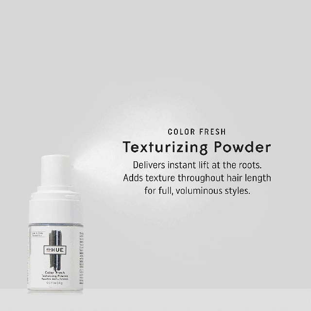 Three images transiting into each other in an endless loop. Image one is a grey background with the dpHUE Texturizing Powder on the left of the image spraying product over to the right. Text says, Colour Fresh Texturizing Powder. Delivers instant lift at the roots. Adds texture throughout hair length for full, voluminous style. Image two is a grey background with a brunette woman smiling and holding the dpHUE Texturizing Powder over her left eye. Texts says, Color Fresh Texturizing Powder. Benefits, gives lift and volume and texture. Hair feels soft and moveable. Translucent powder won’t cause colour to shift or dull. Image three is a before and after shot with the same brunette woman. On the left she her hair is flatter and on the right her hair has a slight curl and more volume. Text along the top reads, Before and After.