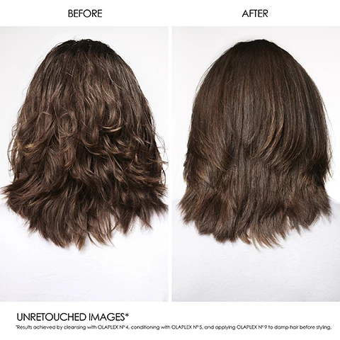 image 1, before and after. unretouched images. results achieved by cleansing with olaplex number 4, conditioning with number 5 and applying number 9 to damp hair before styling. image 2, reduces tangles and static. creates a satin shine. 48 hour pollution protection. 450 F heat protection. image 3, pro tip - use on days you wash your hair for added protection, use on re-dampened hair any days in between