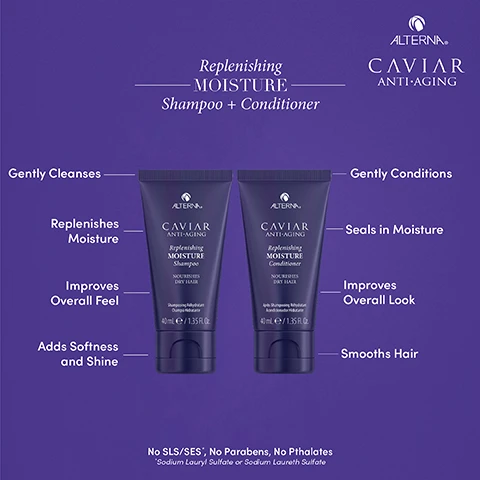Image 1 - Image depicts two purple tubes of hair products labeled Caviar Anti-Aging Replenishing Moisture Shampoo and Caviar Anti-Aging Replenishing Moisture Conditioner, with accompanying text highlighting their benefits such as gently cleanses, replenishes moisture, improves overall feel, adds softness and shine, gently conditions, seals in moisture, and improves overall look.
Image 2 - A tube of Alterna Caviar Anti-Aging Replenishing Moisture CC Cream is centered against a purple background, with bullet points highlighting its benefits: shine, smoothness, light hold, softness, strength, moisture, anti-breakage, manageability, and heat and UV protection, along with a note about ingredient safety at the bottom.
Image 3 - Image of a blue package labeled Alterna Caviar Anti-Aging Bond Repair Intensive Leave-In Treatment Masque with a representation of cream to the side, and text stating strengthens hair, reduces and prevents breakage, increases and maintains smoothness, along with a note for a free sample with kit.
Image 4 - Image of a white cream product with the title Replenishing Moisture CC Cream at the top, and listed ingredients and benefits: OMEGA-3s: Commonly used to replenish the hairs natural lipid layer, PROTEINS AND MINERALS: Reputable for nourishing and fortifying, CAVIAR EXTRACT: Known to reinfuse hair with vital nutrients, and ANTIOXIDANTS: Widely used to protect hair.
Image 5 - Image of a creamy white conditioner with labels highlighting its key ingredients and benefits: Replenishing Moisture Conditioner, Omega-3s, commonly used to replenish the hairs natural lipid layer, Caviar Extract, known to reinfuse hair with vital nutrients, Proteins and Minerals, reputable for nourishing and fortifying, Antioxidants, widely used to protect hair.
Image 6 - An infographic displaying three different blobs of white shampoo with labels highlighting key ingredients: OMEGA-3s for replenishing the hairs natural lipid layer, CAVIAR EXTRACT for infusing hair with vital nutrients, PROTEINS AND MINERALS for nourishing and fortifying, and ANTIOXIDANTS for protecting hair, along with the text Replenishing MOISTURE Shampoo and ALTERNA CAVIAR ANTI-AGING.
Image 7 - Image showing the back of a person with long, wavy dark hair, divided into two sections labeled BEFORE and AFTER, with hair products from the Caviar Anti-Aging Replenishing Moisture Collection displayed in the center.
Image 8 - Image shows a person with long, dark hair, split into two sections labeled Before and After, with hair appearing frizzier on the left and smoother on the right, and three products from the Caviar Replenishing Moisture Collection displayed in the center. Text includes Replenishing MOISTURE Collection and CAVIAR ANTI-AGING.