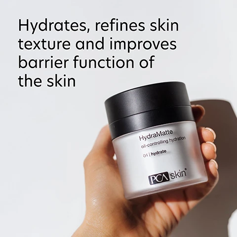 Image 1 - A persons hand holds a jar of PCA skin HydraMatte oil-controlling hydration cream, with text stating Hydrates, refines skin texture and improves barrier function of the skin.
Image 2 - A hand with a small amount of gel moisturizer on the fingertip is shown, accompanied by text that describes the moisturizer as luxurious, minimizing the appearance of pores and fine lines, and providing immediate and long-term hydration.
Image 3 - Image shows two side-by-side photos of a woman; the left is labeled Before displaying acne breakouts and redness, while the right is labeled After 8 Weeks showing clearer skin with the solution noted as HydraMatte, along with the text Results you can see.
Image 4 - An image of a clear glass dish containing a creamy skincare product, with text describing Pink Pepper Leaf Extract and Rosa Centifolia Flower Extract along with their benefits for skin hydration and barrier support.
Image 5 - Three women of diverse ethnicities are smiling and posing together, with the text For oily and combination skin for preventative skin concerns visible above them.
Image 6 - An image showing a container of PCA Skin HydraMatte moisturizer with instructions on how to apply it, including visible steps describing how to use the product morning and night for optimal results, featuring a smiling woman holding the container.
Image 7 - Image shows three skincare products from PCA Skin: a jar labeled HydraMatte, a bottle labeled facial wash, and a bottle labeled nutrient toner, with accompanying descriptions highlighting their benefits, and the text Complete the Regimen at the top.
Image 8 - Image features a blue laboratory flask icon above text that reads Innovators in healthy skin for 30 years At PCA SKIN® we use clinically-backed research and science to develop safe and effective products that deliver visible results for healthy, beautiful skin.