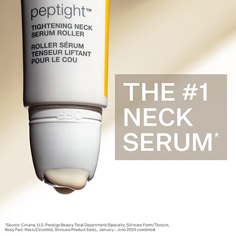 Image 1 - A close-up image of a white serum container with a roller applicator, showing a small amount of serum on the tip, alongside the text THE #1 NECK SERUM* and information about the product source.
Image 2 - A close-up image of a womans neck and jawline showcasing smooth skin, with visible text stating Clinically proven to improve the appearance of: Horizontal neck lines, Sagging, Textured skin.
Image 3 - Close-up image of golden oil droplets with three sections labeled, including honey locust seed extract with a description of its tightening support matrix, lifting dipeptides that target elastin for firming skin, and arctic marine ferment that neutralizes visible effects of blue light.
Image 4 - A skincare tube with a cooling massage roller, labeled StriVectin, is shown against a light background, featuring text that reads COOLING MASSAGE ROLLER optimizes absorption and minimizes pulling on delicate skin.
Image 5 - Image shows a side-by-side comparison of a neck area before and after four weeks of treatment, highlighting visible improvements with percentages indicating user satisfaction: 93% reported neck lines appeared softer, 90% reported neck looks firmer, and 100% reported skin texture feels smoother, along with a note about self-assessment questionnaires.
Image 6 - Image of a Strivectin product tube for a tightening neck serum roller with application instructions, including the text HOW TO APPLY: 1. Turn applicator to ON position and lightly squeeze to release serum. 2. Return applicator to OFF position. 3. Gently roll over neck and under jawline in an upward motion. Only a thin layer is needed. 4. Lightly pat in any excess until absorbed. Use both morning.