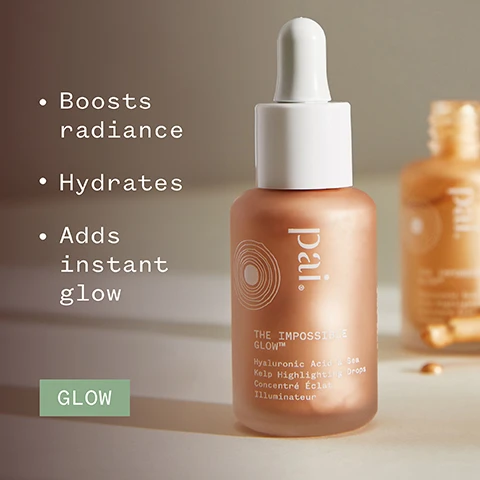 Image 1 - A glass dropper bottle of Pais The Impossible Glow highlighting drops sits on a display with bullet points next to it stating boosts radiance, hydrates, and adds instant glow, along with visible text that reads Hyaluronic Acid & Sea Kelp Highlighting Drops and GLOW. Image 2 - A person is holding a dropper above their hand, from which a shimmery liquid is dropping onto their palm, with text stating 86% said skin looks radiant, and various certification logos at the bottom.