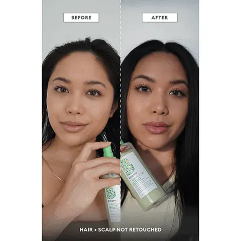 Image 1: before and after, hair not retouched. Image 2: 3-in-1 leave-in-conditioner detangle and hydrate UV protect. Soft wave texture spray salt-free adn alcohol free. Image 3: Briogeo Superfoods collection nourishes and hydrates hair with fruits, vegetables and vitamins.