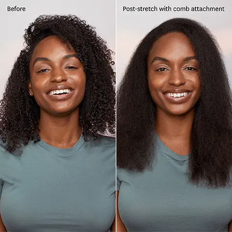 Before Post-stretch with comb attachment.Stretches and detangles hair to prep for styling. Vented teeth direct airfow at strands while evenly distributing heat to lengthen and smooth hair. Ideal for curly or coily hair. *Finish the style with your favourite styling tool.compatible with T3 AireLuxe *Dryer sold separatly.