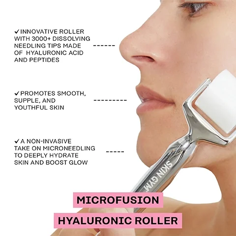 innovative roller with 300+ dissolving needling tips made of hyaluronic acid and peptides. promotes smooth, supple and youthful skin. a non invasive take on micro needling to deeply hydrate skin and boost glow. micro fusion hyaluronic roller.