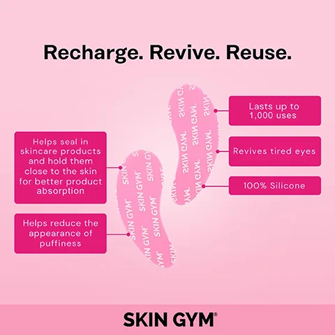recharge revive reuse. helps seal in skincare product and hold them close to the skin for better product absorption. helps reduce the appearance of puffiness. lasts up to 1,000 uses. revives tired eyes. 100% silicone.