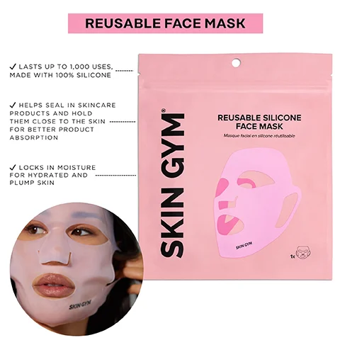 A pink pouch for a reusable silicone face mask featuring a mask cutout, packaging details, and a person wearing the mask, with text Reusable Face Mask, Skin Gym, Reusable Silicone Face Mask, Masque facial en silicone réutilisable, 1x, Skin Gym, Skin Gym, LASTS UP TO 1,000 USES MADE WITH 100% SILICONE, HELPS SEAL IN SKINCARE PRODUCTS AND HOLD THEM CLOSE TO THE SKIN FOR BETTER PRODUCT ABSORPTION, LOCKS IN MOISTURE FOR HYDRATED AND PLUMP SKIN.