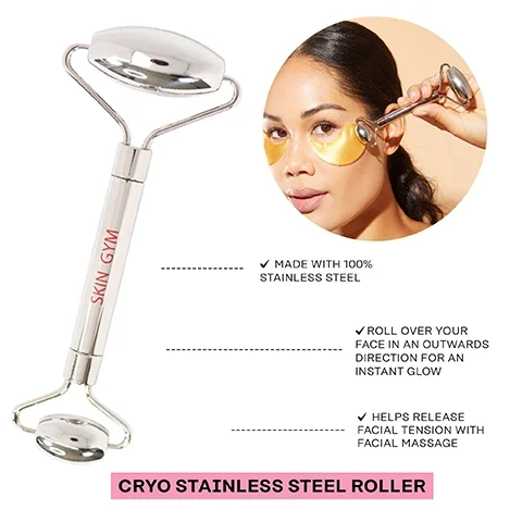 made with 100% stainless steel. roll over your face in an outwards direction for an instant glow. helps release facial tension with facial massage. cryo stainless steel roller.