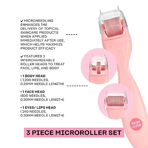 Image 1, microneedling enhances the delivery of topical skincare products when applied immediately after use, which helps maximise product efficacy. features 3 interchangeable roller heads to treat face, lips and body. 2 body head = 1,200 needles, 0.25mm needle length. 1 face head = 600 needles, 0.2mm needle length. 1 eyes/lips head = 240 needles, 0.2mm needle length.