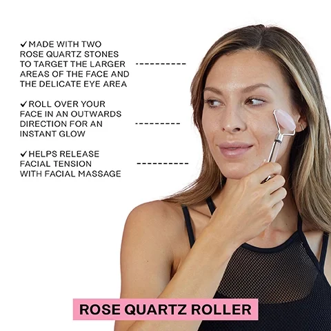 made with two rose quartz stones to target the larger areas of the face and delicate eye area. roll over your face in an outward direction for an instant glow. helps release facial tension with facial massage.