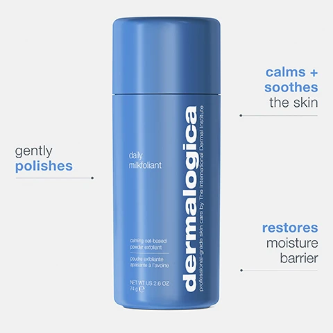 Image 1, gently polished. calms and soothes the skin. restores moisture barrier. image 2, coconut milk and oat bran extract = soothe and smooth for softer skin. AHA and BHA and papaya enzymes = polish away dead skin cells. hyaluronic acid = helps support the skin's moisture barrier.