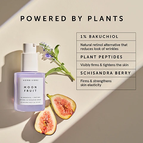 Image 1 - A purple serum bottle labeled HERBIVORE MOON FRUIT is positioned next to cut figs and green leaves, with text on the side listing ingredients and benefits: 1% BAKUCHIOL Natural retinol alternative that reduces look of wrinkles PLANT PEPTIDES Visibly firms & tightens the skin SCHISANDRA BERRY Firms & strengthens skin elasticity.
Image 2 - A purple bottle of Herbivore Moon Fruit serum is placed on a pink background, with text that reads CLINICALLY PROVEN & EFFECTIVE, 98% agreed skin didnt get irritated like with retinols theyve used before*, 84% agreed skin looked firmer*, and 84% agreed wrinkles & fine lines look smoother and less noticeable* with an asterisk indicating After 6 weeks.
Image 3 - A side-by-side comparison of a womans face showing the area around her eyes before and after treatment, with visible text stating VISIBLY FIRMER MORE LIFTED-LOOKING SKIN at the top, BEFORE at the bottom left, AFTER at the bottom right, and a note that *images have not been retouched.
Image 4 - Image shows a collection of skincare products including a serum and an eye cream, with text that reads YOUR SKIN SMOOTHING ROUTINE and numbered 1. SERUM and 2. EYE CREAM.