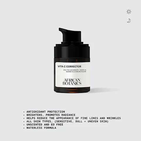 antioxidant protection. brightens and promotes radiance. helps reduce the appearance of fine lines and wrinkles. all skin types - sensitive, dull, uneven skin. unscented and EO free. waterless formula.