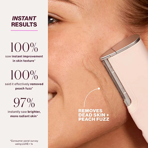 Image 1 - A close-up of a persons face with a device removing peach fuzz and dead skin is shown next to text that reads INSTANT RESULTS 100% saw instant improvement in skin texture* 100% said it effectively removed peach fuzz* 97% instantly saw brighter, more radiant skin* *Consumer panel survey using LUXE+ 1x REMOVES DEAD SKIN + PEACH FUZZ. Image 2 - Close-up view of the serrated edge of a device, highlighted by an arrow, alongside text that reads MICROFINE EDGE™, Ultimate precision, Closer contact with skin, Upgraded safety cage. Image 3 - Text that reads Winner of 25+ Industry Awards above three circular award badges reading BeautyInc The Greatest Skin Care 2024, allure Best of Beauty Award Winner, and NEWBEAUTY Award Winner 2023 The Beauty Authority. Image 4 - A flat lay image displays the contents of a beauty device package including a pink device, cream tube, charging cable, charging base, and four single-use edges, under the title Whats Included 1 LUXE+ device 1 PREFLASH® Cleanser (0.33 fl. oz.) 1 Charging cable 1 Charging base 4 Single-use Microfine Edges. Image 5 - Instructions on a light background titled How to Use, followed by three steps: STEP ONE PREP Prepare skin with the included PREFLASH® to remove surface oil. STEP TWO FLASH Hold LUXE+ at a 45° angle and glide over your face using short, feathery strokes. STEP THREE CARE Apply DERMAFLASH Botanical Ketoacid Toner, followed by DERMAFLASH Hydraflash Cocooning Serum for instant hydration and glow. Flash 1X per week to maintain smooth, radiant, fuzz-free skin.