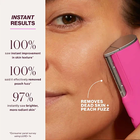 Image 1 - Close-up of a face using a pink dermaplaning tool with text that reads INSTANT RESULTS 100% saw instant improvement in skin texture* 100% said it effectively removed peach fuzz* 97% instantly saw brighter, more radiant skin* REMOVES DEAD SKIN + PEACH FUZZ *Consumer panel survey using LUXE+ 1x. Image 2 - Close up of a pink and grey microfine edge with a blue arrow pointing to it and the text MICROFINE EDGE™, Ultimate precision, Closer contact with skin, Upgraded safety cage. Image 3 - A flat lay image shows a pink skin exfoliation device, a tube of cleanser, a charging cable, a charging base, and a container of four single-use blades, with the visible text Whats Included 1 LUXE+ device 1 PREFLASH® Cleanser (0.33 fl. oz.) DERMAFLASH PREFLASH® ESSENTIAL SKIN PREP PRÉPARATION ESSENTIELLE DE LA PEAU 10 ml / 0.33 fl. oz. liq. US DERMAFLASH 1 Charging cable 1 Charging base DF DERMAFLASH 4 Single-use Microfine Edges DF. Image 4 - Text instructions titled How to Use, with steps: STEP ONE: PREP Prepare skin with the included PREFLASH® to remove surface oil. STEP TWO: FLASH Hold LUXE+ at a 45° angle and glide over your face using short, feathery strokes. STEP THREE: CARE Apply DERMAFLASH Botanical Ketoacid Toner, followed by DERMAFLASH Hydraflash Cocooning Serum for instant hydration and glow. Flash 1X per week to maintain smooth, radiant, fuzz-free skin. Image 5 - Image shows the text Winner of 25+ Industry Awards above three award logos the first is a Beautyinc The Greatest Skin Care 2024 award the second is an Allure Best of Beauty Award Winner logo and the third is a 2023 NewBeauty Award Winner logo.