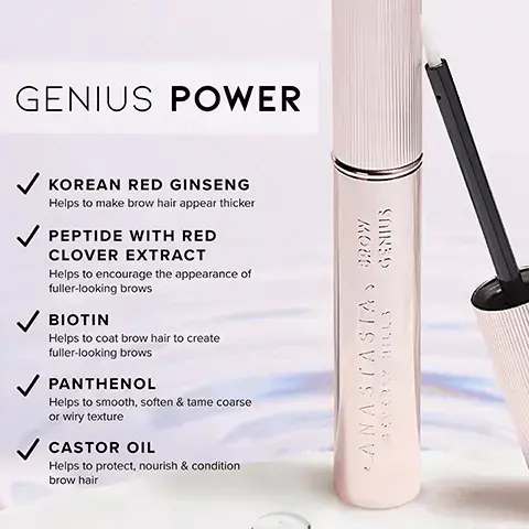 Image 1, GENIUS POWER KOREAN RED GINSENG Helps to make brow hair appear thicker PEPTIDE WITH RED CLOVER EXTRACT Helps to encourage the appearance of fuller-looking brows BIOTIN Helps to coat brow hair to create fuller-looking brows PANTHENOL Helps to smooth, soften & tame coarse or wiry texture CASTOR OIL Helps to protect, nourish & condition brow hair ANASTASIA BROW BEVERLY HILLS GENIUS Image 2, BEFORE Unretouched photos from a 16 week independent photo study. Individual results may vary. 4 WEEKS Brow texture visibly improved-smoother, softer, & more conditioned. 8 WEEKS Brows feel strengthened, protected against breakage, and less brittle, 16 WEEKS Brows look less sparse, appear fuller, look healthier, and shed less.. Image 3, 88% said brows appeared fuller saw an improvement in the 96% appearance of their brows said brows felt smoother, 96% softer and more conditioned 95% said brow hair feels protected against breakage *In a 12-week independent study of 112 women KOM VISVUSVA BEVERLY HILLS GENIUS Image 4, DO'S ✓ DO start with clean, dry skin (no makeup) ✓ DO apply directly to clean brows, focusing on sparse areas ✓ DO let the serum dry before styling or applying makeup CANASTASIA BROW BEVERLY HILLS GENIUS DONT'S × DON'T apply makeup immediately after the serum * DON'T apply to the eyes (this serum is for beautiful brows!) * DON'T forget to apply AM & PM (your future brow will thank you later!)
