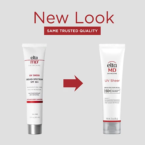 Image 1 - Image shows two tubes of Elta MD skincares UV Sheer sunscreen with a graphic arrow pointing from the left tube to the right tube, with text stating New Look and SAME TRUSTED QUALITY; the left tube features details about SPF 50+, transparent zinc oxide, and water-resistant properties, while the right tube includes information about Vitamin C, also highlighting SPF 50+ and water-resistance.
Image 2 - Image of a sunscreen bottle with labels highlighting key features: UVA/UVB sun protection, hydrates skin and soothes heated skin, leaves no residue, and water and sweat-resistant (80 minutes), featuring Elta MD Skincare UV Sheer, broad spectrum SPF 50+.
Image 3 - A bold red box with the number 1 at the top, with the text Dermatologist Recommended and Professional Sunscreen Brand below, along with a footnote stating U.S. Sunscreen Dispensing Dermatologists Study. Decision Analyst 2023.
Image 4 - A tube of Elta MD UV Sheer sunscreen on a beige background, featuring text that reads Lightweight, hydrating protection that absorbs quickly into skin.
Image 5 - A tube of Elta MD UV Sheer sunscreen with broad spectrum SPF 50+, featuring labeled ingredients including Zinc Oxide, Hyaluronic Acid, Tetrahexyldecyl Ascorbate (Vitamin C), and Squalane, and displayed descriptions of their benefits for skin.
Image 6 - Three hands of different skin tones are raised with two of them displaying sunscreen lotion on their arms, accompanied by text that reads THINK ZINC OXIDE Natural mineral compound that works as a sunscreen agent by reflecting and scattering UVA and UVB rays and a logo featuring Zn Think Zinc.
Image 7 - Three hands holding EltaMD UV Clear sunscreen bottles, with the text SPF MADE FOR SKIN, NOT JUST THE SUN displayed above.
Image 8 - Image shows four Elta MD skincare products laid out against a light tile background, with the text COMPLETE YOUR REGIMEN at the top; products include Skin Recovery Amino Acid Foaming Cleanser, AM Restore Moisturizer, UV Stick, and UV Sheer.