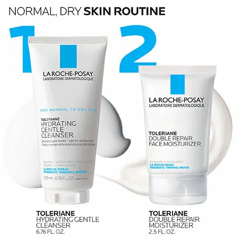 Image 1, normal, dry skin routine, 1. Toleriane Hydrating Gentle Cleanser 6.76fl.oz 2. Toleriane Double Repair Moisturizer Image 2, Helps restore skin confort and retain essential moisture
