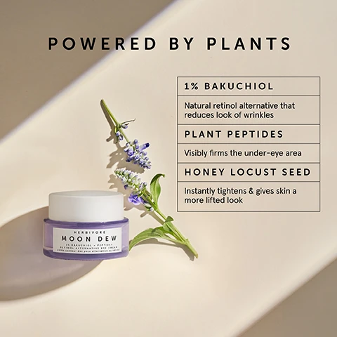 Image 1 - A jar of Herbivore Moon Dew eye cream is shown alongside lavender and greenery, with text indicating its ingredients and benefits: 1% Bakuchiol - natural retinol alternative that reduces look of wrinkles, Plant Peptides - visibly firms the under-eye area, Honey Locust Seed - instantly tightens and gives skin a more lifted look.
Image 2 - Four jars of a purple eye cream labeled Herbivore Moon Dew are arranged on a light-colored surface, with text beside them reading Gentle Retinol Alternative, Reduce the appearance of wrinkles and fine lines, Firms and tightens under-eyes, Locks in hydration.
Image 3 - An arrangement of skincare products including a purple serum labeled Moon Fruit and two purple cream jars labeled Dew and Eye Cream, with text that reads Your Skin Smoothing Routine, 1. Serum, and 2. Eye Cream.