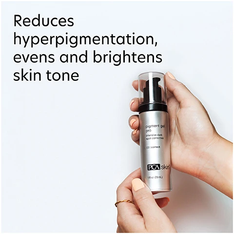Image 1 - A person holds a PCA Skin pigment gel bottle with text that states reduces hyperpigmentation, evens and brightens skin tone.
Image 2 - Five PCA skin skincare products are displayed in a row, including a vitamin B brightening serum, nutrient toner, creamy cleanser, hyaluronic acid boosting serum, and collagen hydrator, with text stating PCA skin as the number one professional skincare brand recommended by estheticians, based on a 2023 survey.
Image 3 - A person holds a pump bottle of PCA Skin pigment gel pro, which is designed to fade dark spots and protect against new ones, with text explaining its benefits.
Image 4 - Petri dish containing two gel-like droplets with text alongside describing three skincare ingredients: Tranexamic Acid, Hexylresorcinol, and Purified Licorice Root Extract, along with their benefits.
Image 5 - A woman with long dark hair is applying a skincare product to her face, alongside images of PCA Skin product bottles, with the text How to Apply, STEP 1 detailing the application process, and STEP 2 emphasizing frequency and additional product use.
Image 6 - Three diverse women smile at the camera, showcasing a range of skin tones and textures, with the text in the background stating For dry, oily, combination, normal and sensitive skin for preventative and aging skin concerns.
Image 7 - A collection of three skincare products on a white background, including Pigment Gel Pro, Vitamin B3 Boosting Serum, and Nutrient Toner, with the heading Complete the Regimen above and descriptions of each products benefits below.
Image 8 - An illustration of a blue laboratory flask above the text stating Innovators in healthy skin for 30 years. Below, there is additional text that reads At PCA SKIN®, we use clinically-backed research and science to develop safe and effective products that deliver visible results for healthy, beautiful skin.