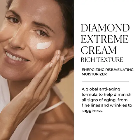 Image 1 - A woman is applying a cream to her cheek while smiling, with visible text that reads: DIAMOND EXTREME CREAM RICH TEXTURE ENERGIZING REJUVENATING MOISTURIZER A global anti-aging formula to help diminish all signs of aging, from fine lines and wrinkles to sagginess.
Image 2 - A display of various skincare products on a textured background featuring the text AGE-DEFYING EXCELLENCE Our advanced age-defying solutions infuse revitalizing energy into the skin for unprecedented results.
Image 3 - Image shows three glass containers with different substances, including a white powder and two liquids, alongside text that describes a scientific skincare product, listing SMART ENERGY COMPLEX, NIACINAMIDE & PLUMPING-EFFECT LIPIDS, and COCKTAIL OF PREBIOTICS & ANTIOXIDANTS.
Image 4 - A smiling woman with long hair holds a skincare jar labeled Nolita Bliss, with text that reads THE ESSENCE OF AGELESS BEAUTY and details about being gluten free, alcohol free, oil free, and suitable for vegans.
Image 5 - A skincare cream container labeled Natura Bissé Diamond Extreme is placed on a gray surface, surrounded by illustrations representing benefits labeled energizes, smooths, firms, balances, and replenishes.