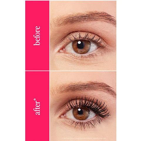 Image 1 - A side-by-side comparison of two images showing an eye with natural lashes labeled before on the top and the same eye with enhanced lashes labeled after on the bottom.
Image 2 - A close-up image of a mascara tube and brush on a pink background, with text that reads long-term curl-friend with benefits, followed by bullet points stating healthier, stronger & fuller looking lashes powered by Widelash™, helps to curl, lift & lengthen lashes, and fan-tastic grab n lift molded brush reaches every last lash.
Image 3 - A close-up image of a woman applying mascara with a focused expression, featuring a bright pink background with the text lash lift in a bottle and the quote Makes my lashes longer and thicker looking, and I like how it fans out the outer corners!
Image 4 - A close-up image of a womans face showing glossy lips and colorful nails, with text that reads 100% saw more lifted lashes* Based on a consumer study with 31 participants. Results will vary.
Image 5 - A pink mascara tube with a striped design and a black brush next to it, labeled with the benefits of the product: Lashcare Ingredient, Brush, Instant Effect, and Long-term Effect, which include details about fanned, lifted, and fluttery lashes, as well as reduced lash fallout.