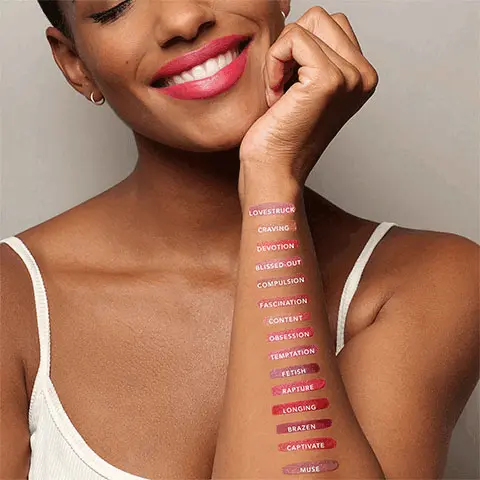 Image 1 & 2, Product shades modelled in swatches across an arm, shades: Lovestruck, Craving, Devotion, Blissed-Out, Compulsion, Fascination, Content, Obsession, Temptation, Fetish, Rapture, Longing, Brazen, Captivate, Muse
