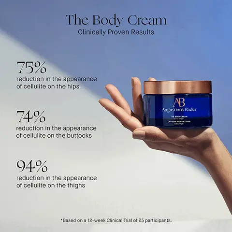 Image 1, Image 1, 75% The Body Cream Clinically Proven Results reduction in the appearance of cellulite on the hips 74% reduction in the appearance of cellulite on the buttocks AB Augustinus Bader 94% reduction in the appearance of cellulite on the thighs *Based on a 12-week Clinical Trial of 25 participants. Image 2, AB Augustinus Bader Minimizes the appearance of cellulite on the buttocks BEFORE AFTER 12 WEEKS Image 3, AB Augustinus Bader Minimizes the appearance of cellulite on the buttocks BEFORE AFTER 12 WEEKS