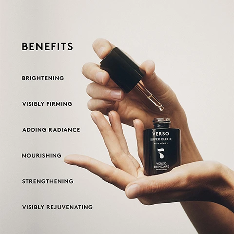 Image 1 - Image of a hand holding a dropper bottle labeled VERSO SUPER ELIXIR WITH NEAR 1 while another hand is positioned below to catch a drop, with text on the left side listing benefits: BENEFITS, BRIGHTENING, VISIBLY FIRMING, ADDING RADIANCE, NOURISHING, STRENGTHENING, VISIBLY REJUVENATING.
Image 2 - A sleek black bottle labeled VERSO SUPER ELIXIR WITH NEAR 1 is shown at the center, surrounded by four statements with percentages indicating user satisfaction: 88% MY SKIN FEELS SMOOTHER, 90% MY SKIN FEELS VISIBLY BRIGHTER, 89% I FEEL A SOOTHING EFFECT ON MY SKIN, and 89% I WOULD RECOMMEND THE PRODUCT, with a note at the bottom regarding a clinical efficacy study.