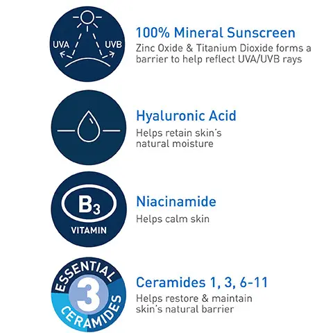 Image 1, 100% mineral sunscreen, hyaluronic acid, niacinamide, ceramides 1, 3, 6-11. Image 2, oxybenzone-free, fragrance free and paraben free, recommended by the skin cancer foundation for daily use, developed with dermatologists, accepted by NEA. Image 3, zinc oxide and titanium dioxide may cause white cast to occur.
