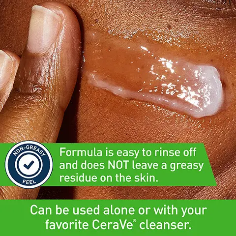 Image 1, formula is easy to rinse off and does not leave a greasy residue on the skin, can be used alone or with your favourite ceraVe cleanser. Image 2, fragrance free, non-comedogenic, removes long lasting/waterproof makeup, dirt, oil and impurities.