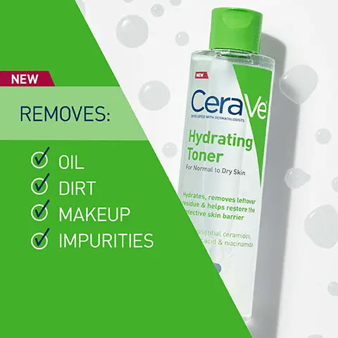 Image 1, removes oil, dirt, makeup and impurities. Image 2, suitable for normal to dry skin, sensitive skin, alcohol-free, fragrance-free, non-comedogenic, pH balanced, allergy-tested, oil-free.