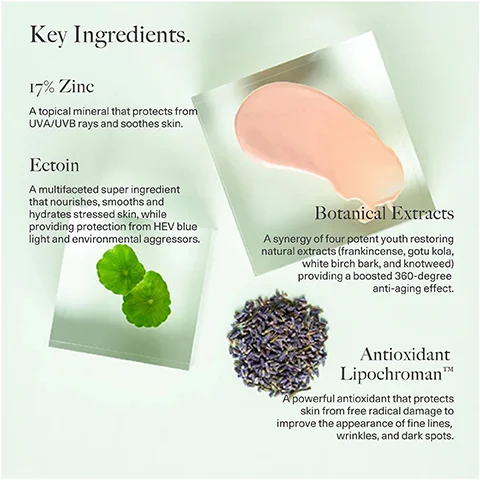 Image 1 - Image shows four sections highlighting key ingredients in a skincare product, with descriptions for 17% Zinc, Ectoin, Botanical Extracts, and Antioxidant Lipochroman, alongside respective images of a green leaf, a peach-colored cream, a lavender flower, and a mint leaf; text visible includes ingredient descriptions.