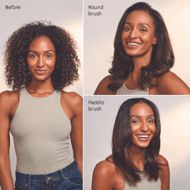 Image 1-4, before and after with round brush and paddle brush. Image 5, smooth out frizz and enhance shine from root to tip with the paddle brush. Image 6, SmoothGrip Bristles deliver just the right tension for complete styling control.