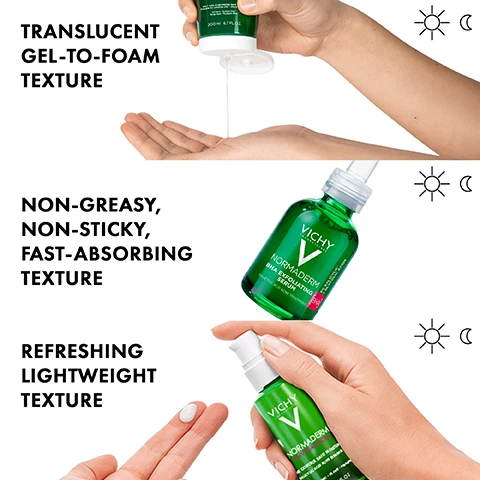 image 1, 3 step acne treatment, step 1 = cleanse and pruify. step 2 = treat and exfoliate. step 3 = hydrate and correct. image 2, gently on skin. image 3, correct acne breakouts. image 4, exfoliates and renews skin surface. image 5, acne prone skin routine. step 1 = deep cleansing face wash, 0.5 % salicylic acid remove excess oil and impurities. step 2 = normaderm BHA exfoliating serum, 1% salicylic acid and 4% glycolic acid clear acne blemishes and blackheads. step 3 = acne control daily moisturiser, 2% salicylic acid visibly refine skin texure. image 6, translucent gel to foam texture. non gready, non sticky, fast absorbing texture. refreshing lightweight texture.