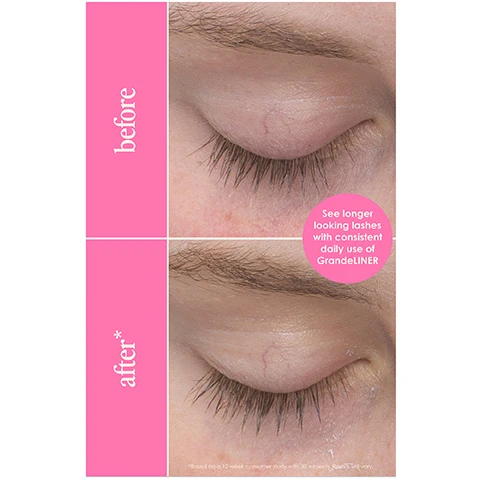 Image 1 - Image showing a comparison of eyelashes before and after using GrandeLINER, with the word before on the top and after on the bottom, and text stating See longer looking lashes with consistent daily use of GrandeLINER in a pink circle.
Image 2 - A close-up image of a 2-in-1 ultra-black liquid eyeliner with a gold and black packaging, on a pink background, featuring text that states it is infused with lash enhancing serum, offers 12-hour staying power, has no feathering or smudging, and includes a precision brush for full control.
Image 3 - Image of a beauty product featuring a gold eyeliner pen, with the pen partially opened to show the brush tip, and text descriptions on a pink background highlighting its features: Lashcare Ingredient: infused with lash enhancing serum, Brush: thin, precise tip for smooth application, Instant Effect: ultra-black smudge-proof eyeliner, Long-term Effect: longer looking lashes over time.
Image 4 - A close-up portrait of a young woman with red hair, showing her face and makeup, with the words easy to apply liner and a review quote stating this eyeliner is the only one that doesnt smudge for me and lasts all day against a pink background.
Image 5 - A close-up of a womans face showing her eyes and lips, with visible text stating 96% saw longer looking lashes over time and a note about a 12-week consumer study at the bottom.
Image 6 - Image shows a beauty product display with two mascara tubes against a pink background, with one tube angled to the side and the other upright, and visible text includes infused with GrandeLASH-MD technology to enhance natural lashes and the perfect way to complement and maintain your GrandeLASH-MD lash enhancing routine.