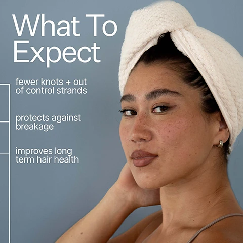 Image 1 - A woman with a towel wrapped around her head looks forward, with text on the left side of the image that reads What To Expect, fewer knots + out of control strands, protects against breakage, improves long term hair health. Image 2 - A beige, waffle-knit hair towel with the name Acti-Acre embossed on its textured surface is displayed against a grey background with white text reading: Ideal For All Hair Types, Waffle-Knit prevents frizz + damage, and Microfiber reduces drying time by 50%.