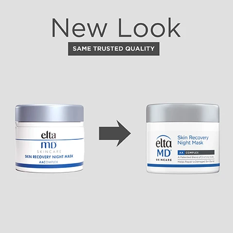 Image 1 - Image shows two jars of EltaMD Skin Recovery Night Mask side by side, the left jar has the label AA Complex and the right jar displays Skin Recovery Night Mask AA Complex with the text New Look above and SAME TRUSTED QUALITY below.
Image 2 - Image of a skincare product container labeled EltaMD Skin Recovery Night Mask, with bullet points highlighting benefits: improves hydration, revitalizes the look of tired skin, suitable for all skin types, and visibly reduces the appearance of redness.
Image 3 - A close-up portrait of a smiling person with clear skin and a hand lightly touching their face, with text that says SAFE FOR ALL SKIN TYPES.
Image 4 - A jar of Elta MD Skin Recovery Night Mask is placed on a white surface next to two light-colored containers, with text that reads Strengthens the skin barrier, visibly reduces the appearance of redness, improves hydration.
Image 5 - Image shows a jar of EltaMD Skin Recovery Night Mask with instructions on how to apply it, stating Step 1 Apply as the last step of your skincare routine at night and Step 2 For optimal results, use with the entire Skin Recovery System.
Image 6 - Image of Elta MD Skin Recovery Night Mask jar with surrounding ingredients labeled: AAComplex repairs the skin barrier, visibly reduce the appearance of redness, minimize irritation, and increase hydration; Ginger Root improves skin tone, reduces redness and discoloration, and reduces wrinkles; Bisabolol soothes skin from environmental stress; Antioxidants visibly improve elasticity and nurture rough, dehydrated skin.
Image 7 - Image shows a collection of EltaMD skincare products arranged on a light-colored background, including a foaming cleanser, essence toner, recovery serum, light moisturizer, and night mask, with the text COMPLETE YOUR REGIMEN prominently displayed above.