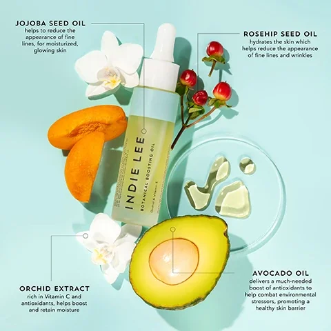 jojoba seed oil = helps reduce the appearance of fine lines, for moisturized glowing skin. rosehip seed oil hydrates the skin which helps reduce the appearance of fine lines and wrinkles. avocado oil, delivers a much needed boost of antioxidants to help combat environmental stressors, promoting a healthy skin barrier. orchid extract rich in vitamin c and antioxidants, helps boost and retain moisture.