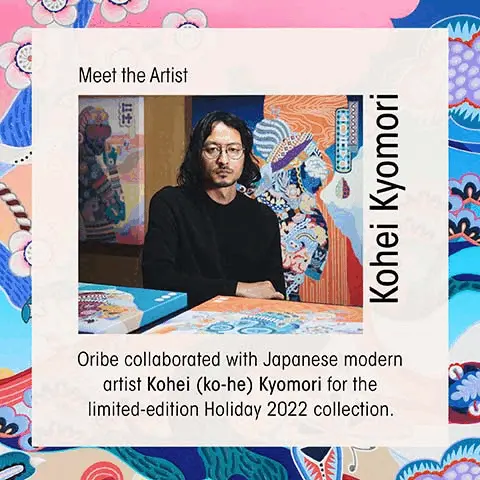 Image 1, Meet the artist Kohei Kyomori. Oribe collaborated with Japanese mopdern artist Kohei (ko-he) Jyomori for the limited edition holiday 2022 collection. Image 2, sustainable packaging: all holiday boxes are made from 100% post-consumer recycled (PCR) paper. Internal trays are made from 100% biodegradable and renewable plant fiber, produced at a zero-waste, zero emission facility that uses 100% clean energy and 100% recycled or reused water. Please reuse or recycle.