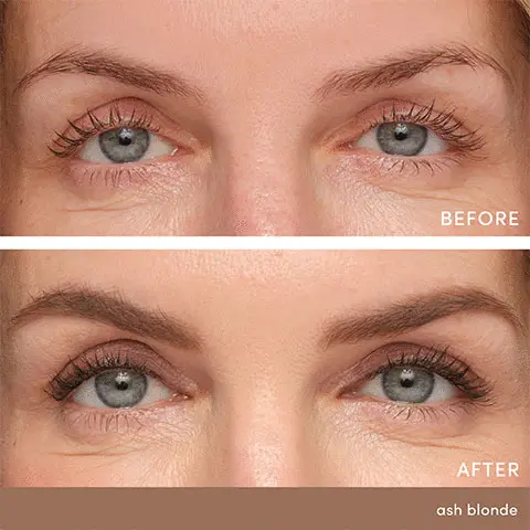 Before and after images showing the use of the different product shades: ash blonde, neutral blonde, medium brown, dark brown, auburn, soft black