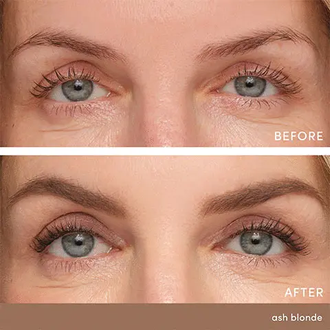 Before and after images showing the use of the different product shades: ash blonde, neutral blonde, medium brown, dark brown, auburn, soft black