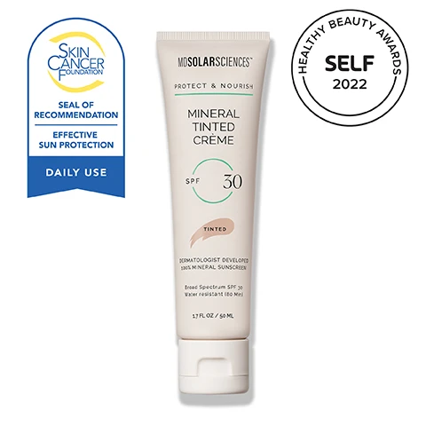 Image 2-dermstore-en_US - A cream-colored tube of MD Solar Sciences Mineral Tinted Crème SPF 30 sunscreen with a flip-top lid is shown, positioned between a blue Skin Cancer Foundation Seal of Recommendation badge and a circular Self Healthy Beauty Awards 2022 badge, displaying the text MDSOLARSCIENCES PROTECT & NOURISH MINERAL TINTED CRÈME SPF 30 TINTED DERMATOLOGIST DEVELOPED 100% MINERAL SUNSCREEN Broad Spectrum SPF 30 Water resistant (80 Min) 1.7 FL OZ / 50 ML, on the Skin Cancer Foundation badge Skin Cancer Foundation SEAL OF RECOMMENDATION EFFECTIVE SUN PROTECTION DAILY USE, and on the Self award badge HEALTHY BEAUTY AWARDS SELF 2022. Image 3-dermstore-en_US - The image displays science-based ingredients, showing a sliced pomegranate, an orange wedge, a pile of white powder, and a tan liquid swatch with text labels Pomegranate Extract: Boosts UVB protection & fights free radical damage, Vitamin C: Increases collagen production & improves firmness, and Micronized Zinc Oxide: 100% broad spectrum mineral protection. Image 4-dermstore-en_US - A blonde woman holds a tube of NEUE AUGE SCIENCES PROTECT & NOURISH MINERAL TINTED CREME SPF 30 Broad Spectrum SPF 30 1.0 FL. OZ. / 30 mL, and on the right side of the image, text reads TINT, TREAT, & PROTECT. ALL IN ONE STEP. followed by features: Lightweight, silky formula blends quickly, Naturally derived & safer mineral UV Protection, Safe for sensitive skin, and Water resistant for up to 80 minutes. Image 5-dermstore-en_US - A woman with dark hair applies a light brown cream to her cheek with her finger, with text overlaying the image that reads: SPF SKINCARE THAT BALANCES & BLURS, Sheer coverage evens skin tone & neutralizes redness, Matte, filter-like finish, Wear as primer or on its own, Reduces visibility of fine lines & wrinkles, and a tattoo on her hand that says HERE. Image 6-dermstore-en_US - An image displays a swatch of tinted cream on the left and a white product tube on the right, with centered text that reads: DERMATOLOGIST DEVELOPED. BEAUTY-EXPERT APPROVED. BEST TINTED SUNSCREENS YOU SHOULD ADD TO YOUR ROUTINE ASAP COSMOPOLITAN. BEST FACE SUNSCREENS FOR OILY SKIN Bustle. 2022 HEALTH BEAUTY AWARD WINNER: BEST TINTED MINERAL SUNSCREEN SELF. Image 7-dermstore-en_US - The image shows a dollop of light brown tinted cream on the left, and a partially visible white tube of MD SolarSciences Tinted SPF 30 100% Mineral Sunscreen, Broad Spectrum SPF 30 Water resistant (80 Min), 1.7 FL OZ / 50 ML on the right, with a block of text in the center that reads: DERMATOLOGIST-DEVELOPED. SKIN-EXPERT APPROVED. As a dermatologist, I prioritize recommending products that not only provide superior sun protection but also support overall skin health. MDSolarSciences SPF skincare products stand out for their science-backed formulations and commitment to safety. Their sunscreens offer broad-spectrum protection with advanced, non-irritating ingredients suitable for all skin types, including sensitive skin. I trust MDSolarSciences because their products are free from harmful chemicals, are reef-safe, and incorporate nourishing antioxidants that promote healthy, radiant skin. They strike the perfect balance between efficacy, comfort, and environmental responsibility. Whether its for daily use or addressing specific skin concerns, these products have earned my confidence and my patients satisfaction. -DR. SINAE KANE, MD GREENBRAE DERMATOLOGY, GREENBRAE, CA Image 8-dermstore-en_US - The image displays four MDSolarSciences skincare products on a light brown background with the text EXPLORE THE COLLECTION Scientifically formulated to elevate your everyday skincare routine. The products include a WASH AWAY One Step Cleanser 5 oz, a MINERAL TINTED CREME SPF 30 1.7 FL OZ, a tinted lip balm, and a REVITALIZING EYE GEL 0.5 FL OZ. Image 9-dermstore-en_US - A smiling blonde woman in a black top is shown next to the text MDSOLARSCIENCES, DERMATOLOGIST - DEVELOPED • SPF + SKINCARE, SCIENCE ISNT OUR SECRET. ITS OUR STANDARD., and the quote At the heart of our brand is a commitment to true skin wellness, powered by science, elevated by luxury, and grounded in clean, feel-good formulas. by Renee Plato, CEO.