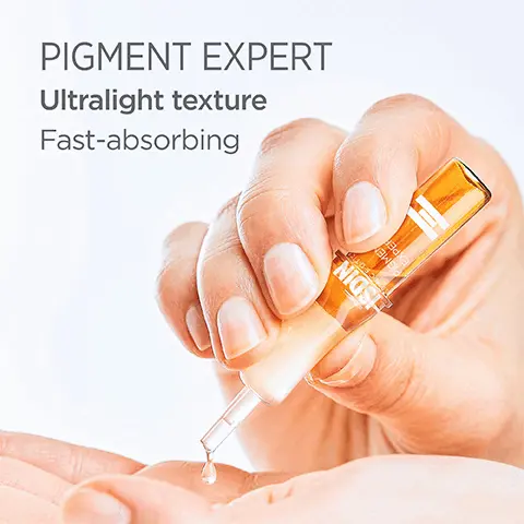 Image 1, Pigment Expert Ultralight texture, fast-absorbing. Image 2, Pigment expert unifies skin tone, helps diminish the look of dark spots and imperfections. Image 3, pigment expert, ampoule format, stable for 48hrs once opened. Image 4, Pigment expert, pigment corrector unifies tone, glycolic acid exfoliates, dipottassium glycyrrhizate soothes. Image 5, Pigment expert, shake, then massage half of the ampoule's contents onto the clean, dry skin of the face, neck and chest. Image 6, Unifies skin tone, corrects and fights the visible signs of photoaging, it also brightens exfoliates and hydrates. Image 7,How to Use: Shake the ampoule, break it open, put on the applicator tip and apply the serum onto the face and neck. Image 8, Pigment corrector, Glycolic acid and licorice root extract