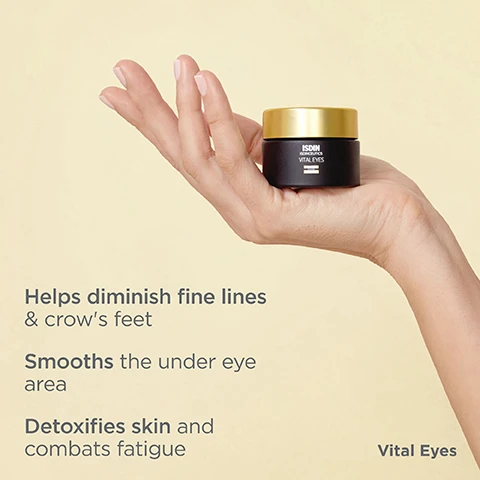 Image 1, helps diminish fine lines and crow's feet. smooths the under eye area. detoxifies skin and combats fatigue. image 2, cooling applicator. results in 28 days. image 3, after 4 weeks of nightly use, users reported. 100% skin is noticeably more elastic. 97% skin feels softer and smoother. 93% improvement in fine lines and wrinkles. 87% skin feels firmer. image 3, before and after. crow's feet visibly improved in 28 days. image 4, caffeine - detoxifies. liftgirm - lifting effect. melatonin - antioxidant. image 5, apply a small amount to your fingertip to gently smooth over the under eye area. image 6, customer review = one of the best i've tried, my eye contour area looks fresher, and my expression lines seem diminished, i recommend it. image 7, join the loveisdin community. 1 = scan the QR code. 2 = earn points. 3 = enjoy rewards. join the loveisdin community. unique code guarantees quality and authenticity.