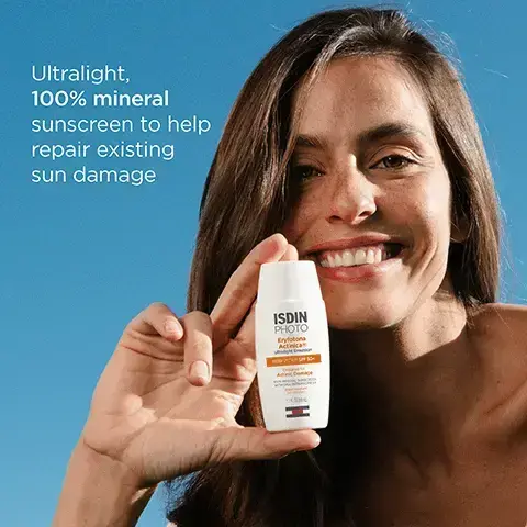 Image 1 - A woman with long brown hair smiles while holding a bottle of ISDIN PHOTO sunscreen, with blue sky in the background, and visible text that reads Ultralight, 100% mineral sunscreen to help repair existing sun damage. Image 2 - A bottle of ISDIN PHOTO Eryfotona Actinica Ultralight Emulsion SPF 50+ is shown next to text listing product benefits and information Protect today repair yesterday Broad spectrum SPF 50+ protection Combats UV-induced skin changes Fast-absorbing and non-comedogenic Dermatologist recommended ISDIN PHOTO Eryfotona Actinica Ultralight Emulsion BROAD SPECTRUM SPF 50+ Designed for Actinic Damage 100% MINERAL SUNSCREEN WITH DNA REPAIRSOMES Water resistant (40 minutes) 1.7 FL OZ (50 ML). Image 3 - Image of a bottle of ISDIN PHOTO sunscreen with white cream droplets spilling out against an orange background, featuring text that reads +43% repairing action on UV-exposed skin and visible results: *Data on File. ISDIN Corp. 2024. Morristown, NJ. Image 4 - A white blob of cream is on an orange background, displaying text that reads: Zinc oxide 100% mineral UV filter DNA Repairosomes® Helps repair existing sun damage Vitamin E Antioxidant action defends against oxidative stress. Image 5 - A smiling young woman with long, brown hair is applying sunscreen to her cheek, with instructions on the left side that read: Use 15 minutes before sun exposure, Shake & apply the equivalent of 2 finger-lengths, Reapply at least every 2 hours. Image 6 - Two sunscreen bottles on a beige background: Eryfotona Ageless tinted sunscreen with natural coverage and Eryfotona Actinica classic sunscreen with an invisible finish, accompanied by small drops of sunscreen. Image 7 - An orange background with white icons representing skincare products: cleanser, eye cream, serum, and moisturizer, along with the text The most important step in your daily skincare routine and Eryfotona Actinica. Image 8 - Image shows a large bottle and a small bottle of ISDIN PHOTO Eryfotona Actinica sunscreen against a blue sky with text ONE FOR HOME, ONE FOR ON THE GO For your first application 3.4 FL OZ To reapply every 2 hours 1.7 FL OZ ISDIN PHOTO Eryfotona Actinica Ultralight Emulsion BROAD SPECTRUM SPF 50+ Designed for Actinic Damage 100% MINERAL SUNSCREEN WITH DNA REPAIRSOMES Water resistant (40 minutes) 3.4 FL OZ (100 mL) ISDIN PHOTO Eryfotona Actinica Ultralight Emulsion BROAD SPECTRUM SPF 50+ Designed for Actinic Damage 100% MINERAL SUNSCREEN WITH DNA REPAIRSOMES Water resistant (40 minutes) 1.7 FL OZ (50 mL).