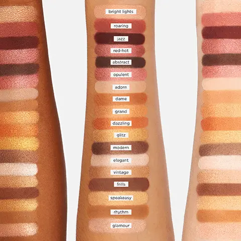 Image 1, swatches on three different skin tones, shades = bright lights, roaring, jazz, red hot, abstract, opulent, adorn, dame, grand, dazzling, glitz, modern, elegant, vintage, frills, speakeasy, rhythm, glamour. Image 2, swatches on three different skin tones, shades = ritzy, chrome, fringe, big city, ornate, industrial, charm , deco, moxie, gleam, soiree, luxury, empire, clink, steel, rare, graphic, noire.