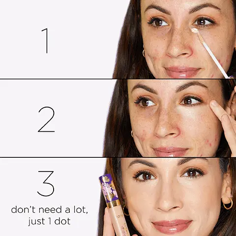 Image 1, where to use = brow bone, cheeky, nose and under eye. Image 2, how to use, don't need a lot just 1 dot. Image 3, where to apply = inner corner, cheeky, cupids bow, decolletage