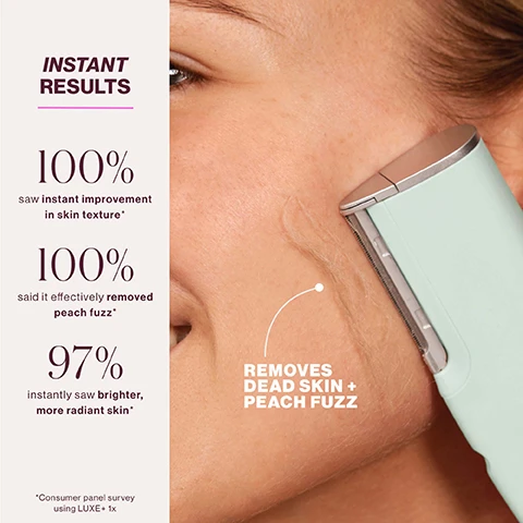 Image 1 - A person is using a skin device on their face next to text that reads INSTANT RESULTS 100% saw instant improvement in skin texture* 100% said it effectively removed peach fuzz* 97% instantly saw brighter, more radiant skin* REMOVES DEAD SKIN + PEACH FUZZ *Consumer panel survey using LUXE+ 1x. Image 2 - Close up of a metallic edge with teeth and an arrow pointing to it with the text MICROFINE EDGE™ Ultimate precision Closer contact with skin Upgraded safety cage. Image 3 - Image displays text Winner of 25+ Industry Awards and three award badges reading BEAUTYINC THE GREATEST SKIN CARE 2024, BEST OF BEAUTY allure AWARD WINNER, and AWARD WINNER 2023 NEWBEAUTY THE BEAUTY AUTHORITY. Image 4 - An image displays the contents of a skincare kit on a white background with the text Whats Included, listing 1 LUXE+ device, 1 PREFLASH® Cleanser (0.33 fl. oz.) PREFLASH® ESSENTIAL SKIN PREP PRÉPARATION ESSENTIELLE DE LA PEAU 10 ml / 0.33 fl. oz. liq. US, 1 Charging cable, 1 Charging base DF, and 4 Single-use Microfine Edges. Image 5 - Text providing instructions How to Use STEP ONE: PREP Prepare skin with the included PREFLASH® to remove surface oil. STEP TWO: FLASH Hold LUXE+ at a 45° angle and glide over your face using short, feathery strokes. STEP THREE: CARE Apply DERMAFLASH Botanical Ketoacid Toner, followed by DERMAFLASH Hydraflash Cocooning Serum for instant hydration and glow. Flash 1X per week to maintain smooth, radiant, fuzz-free skin.